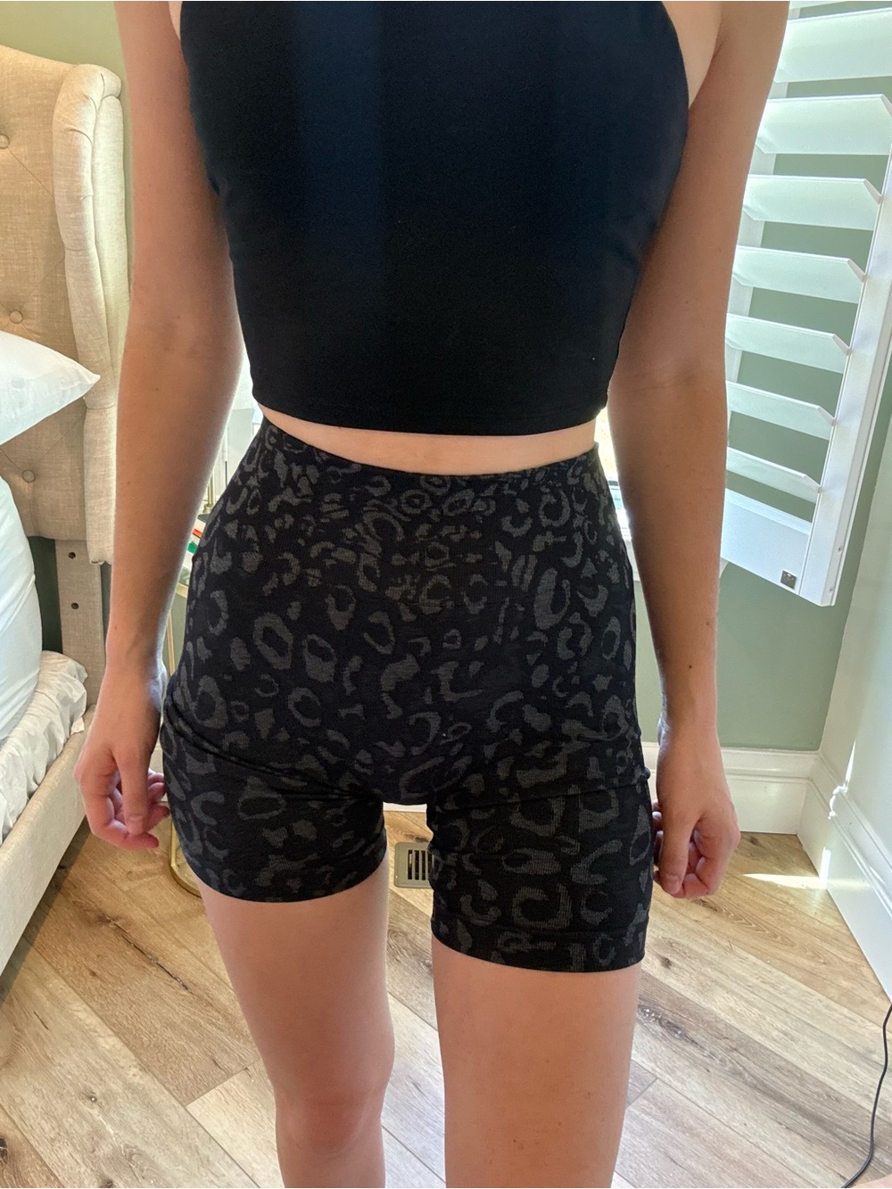High-Waist Black Leopard Print Women’s Active Shorts